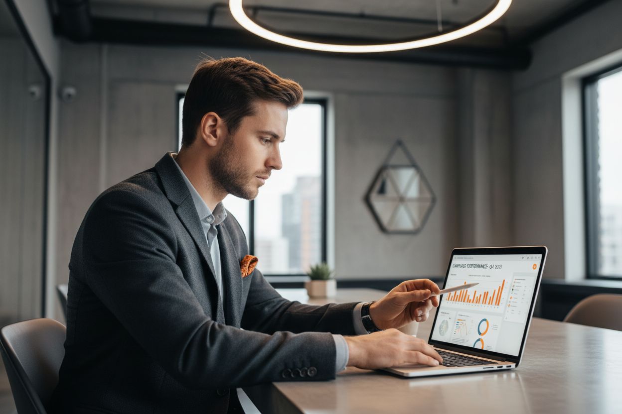 Advantage+ Meta Ads: responsabile marketing che analizza una campagna su laptop