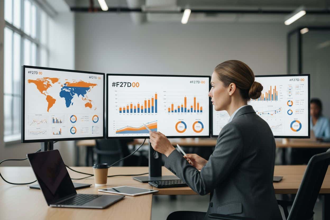 Guida completa al marketing data driven per le aziende: manager che analizza dati di marketing su schermi in un ufficio moder
