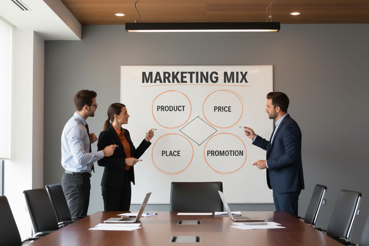 Marketing Mix Esempio: Come Usarlo per Prendere Decisioni St: riunione strategica aziendale con schema del marketing mix