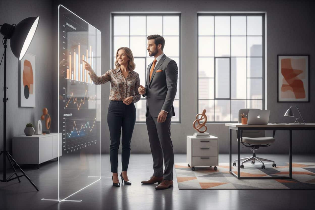 Ricerca di mercato: definizione procedure ed esempi: ricercatore che analizza grafici con un imprenditore