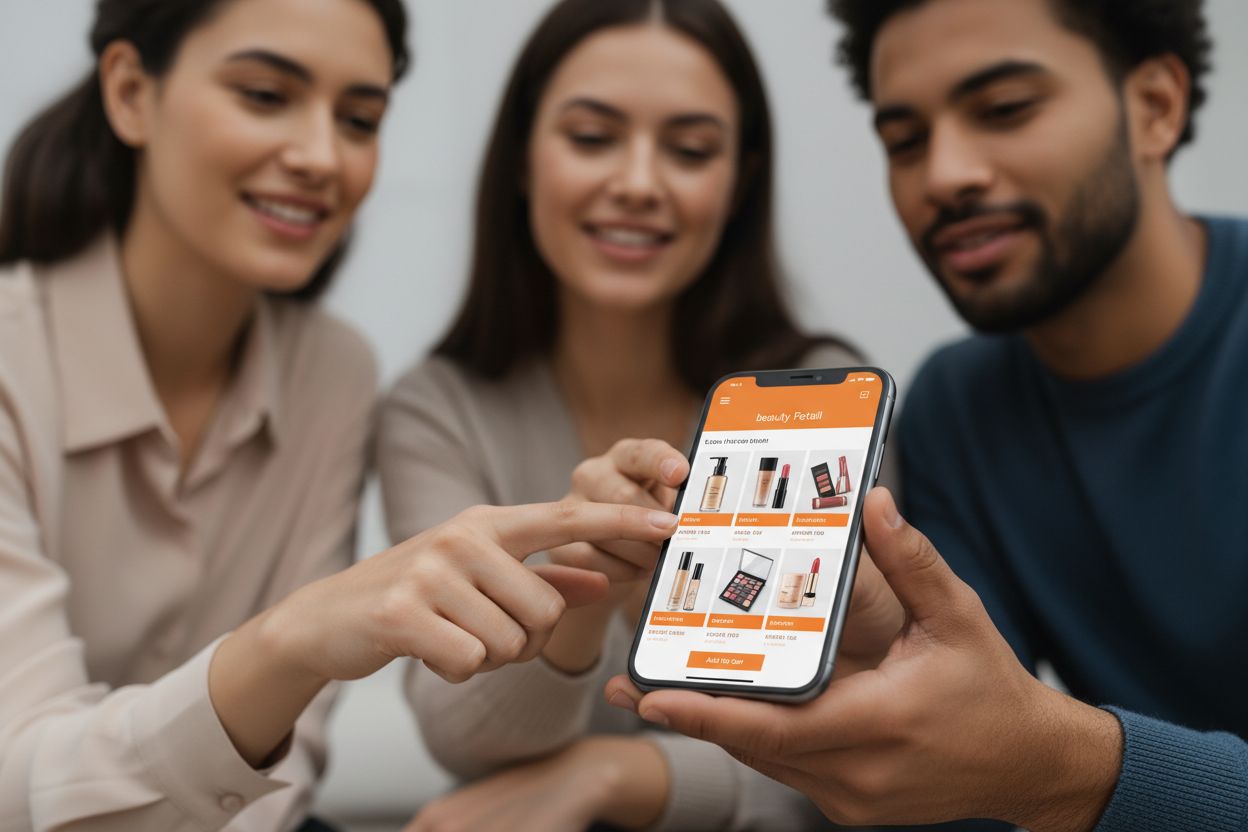 Vendere cosmetica su Temu: guida completa per brand italiani nel 2026: clienti che consultano prodotti cosmetici su app
