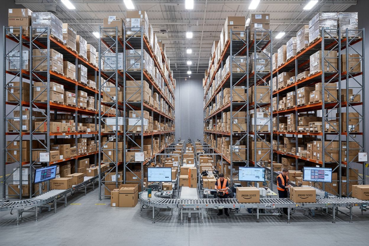 Vendere su Amazon FBA: magazzino con scaffalature e scatole in lavorazione