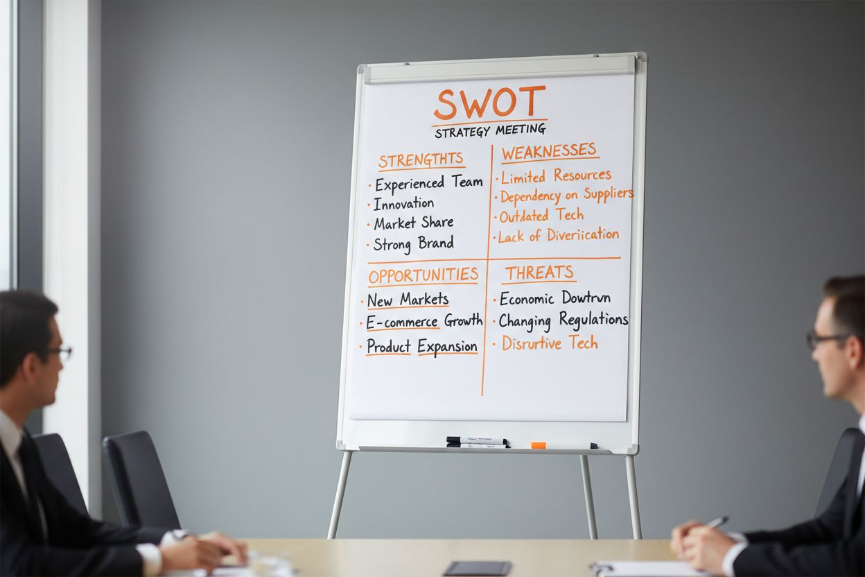 Analisi SWOT di esempio: guida pratica e casi reali: matrice swot disegnata su una lavagna durante una riunione