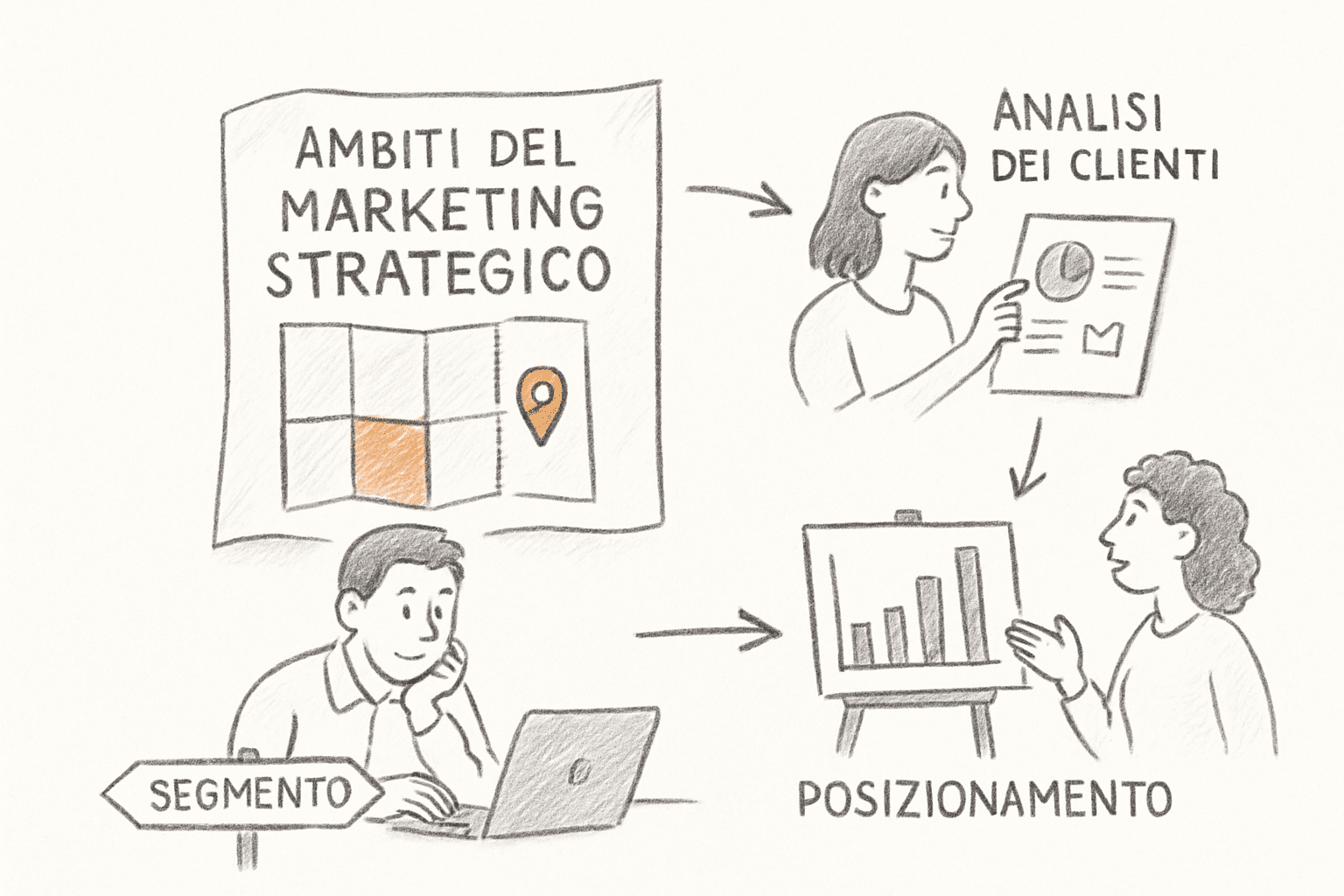 Consulente che mappa gli ambiti del marketing strategico per PMI su una grande superficie di lavoro con zone colorate.