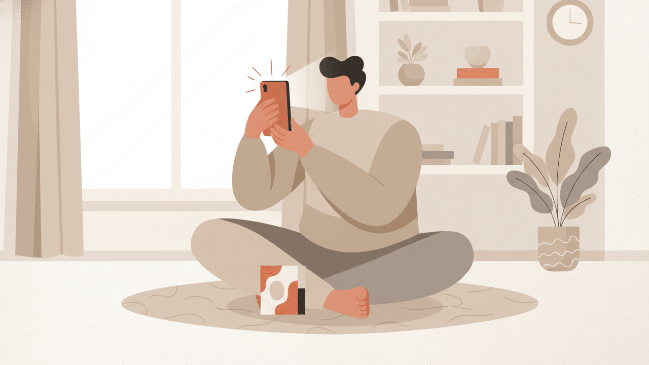 Creator che riprende un prodotto con lo smartphone in ambiente domestico, concetto di UGC autentico per TikTok Spark Ads.
