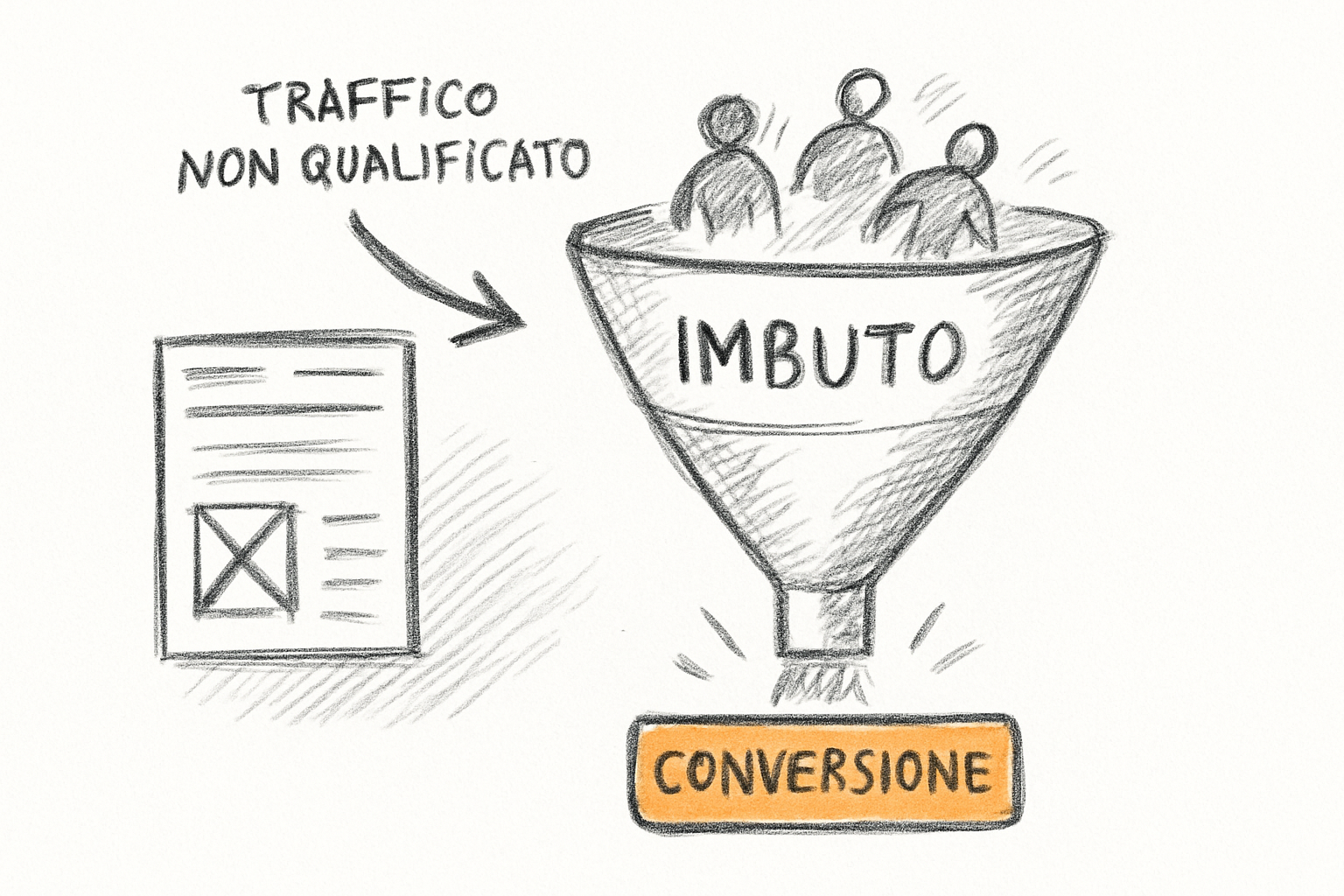 Rappresentazione concettuale degli errori che abbassano il tasso di conversione di una landing page lead generation.