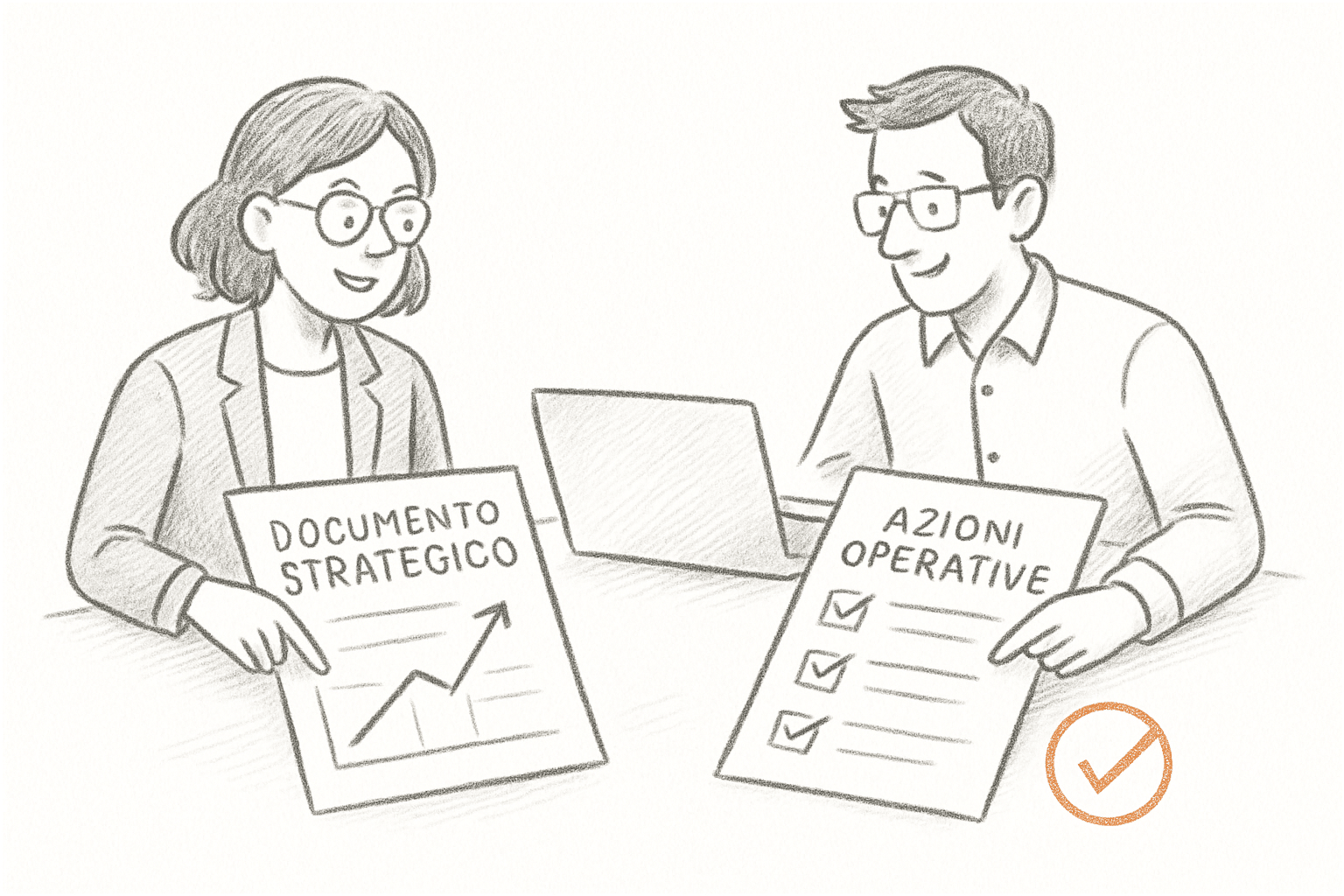 Due professionisti che allineano documenti di marketing strategico con le attività operative su un piano di lavoro condiviso.
