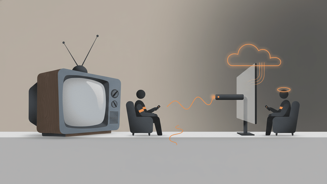 Confronto visivo tra televisione tradizionale e streaming digitale per pianificazione campagne advertising B2C in Italia.