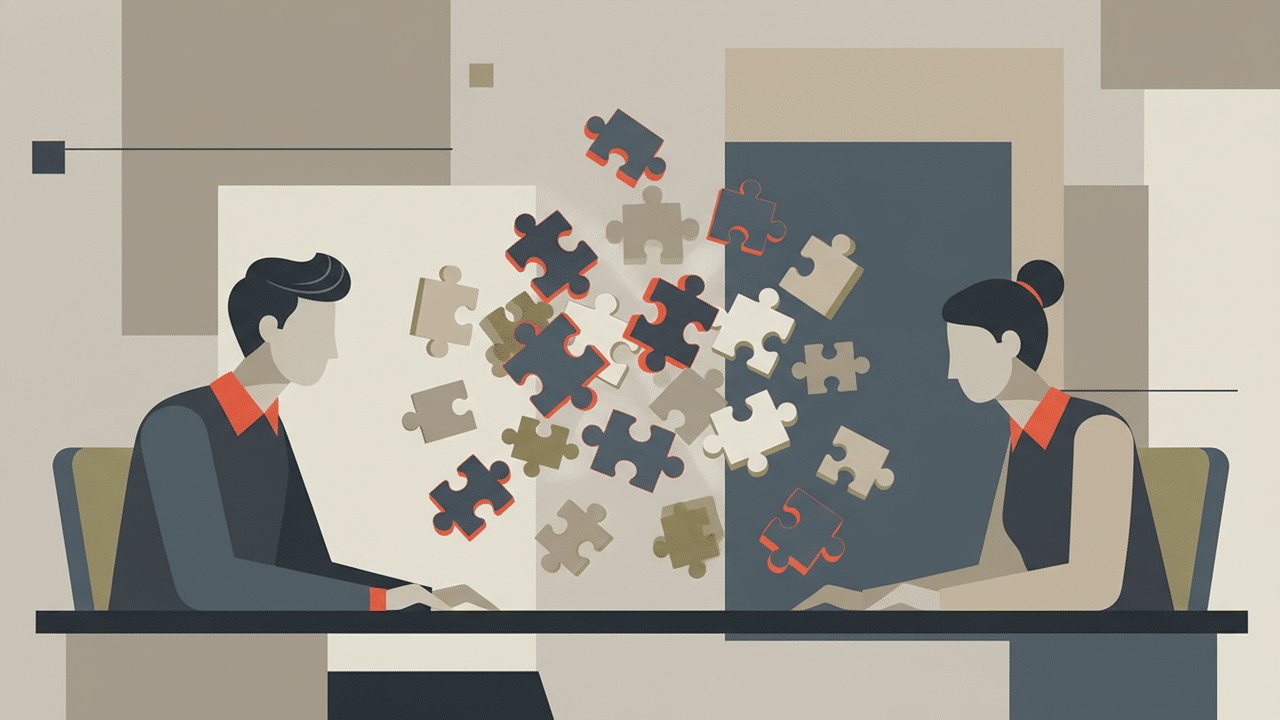 Due colleghi con pezzi di puzzle disconnessi che rappresentano il gap tra marketing e vendite nei processi aziendali