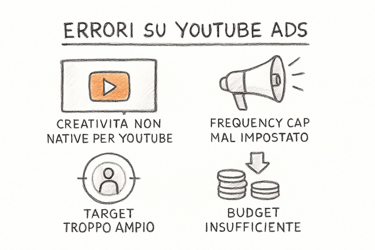 Checklist degli errori più comuni nelle campagne YouTube Ads per PMI con segnali di attenzione.