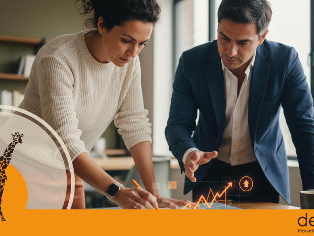 Imprenditore PMI che analizza una mappa strategica di mercato con indicatori di posizionamento competitivo, marketing strategico per PMI.
