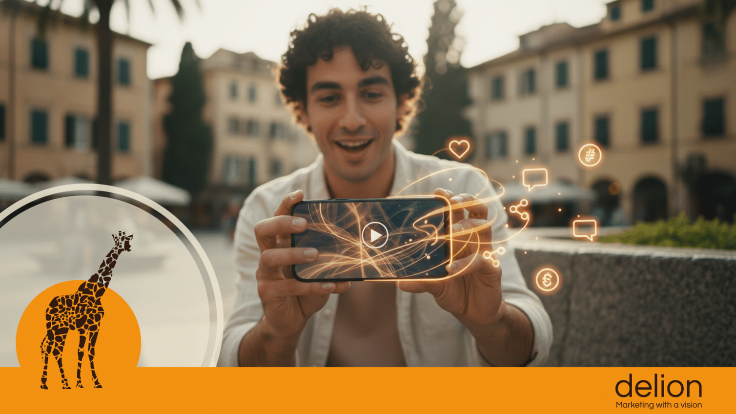 Smartphone con contenuto TikTok virale e icone di engagement fluttuanti, concetto di TikTok Spark Ads UGC per PMI italiane.