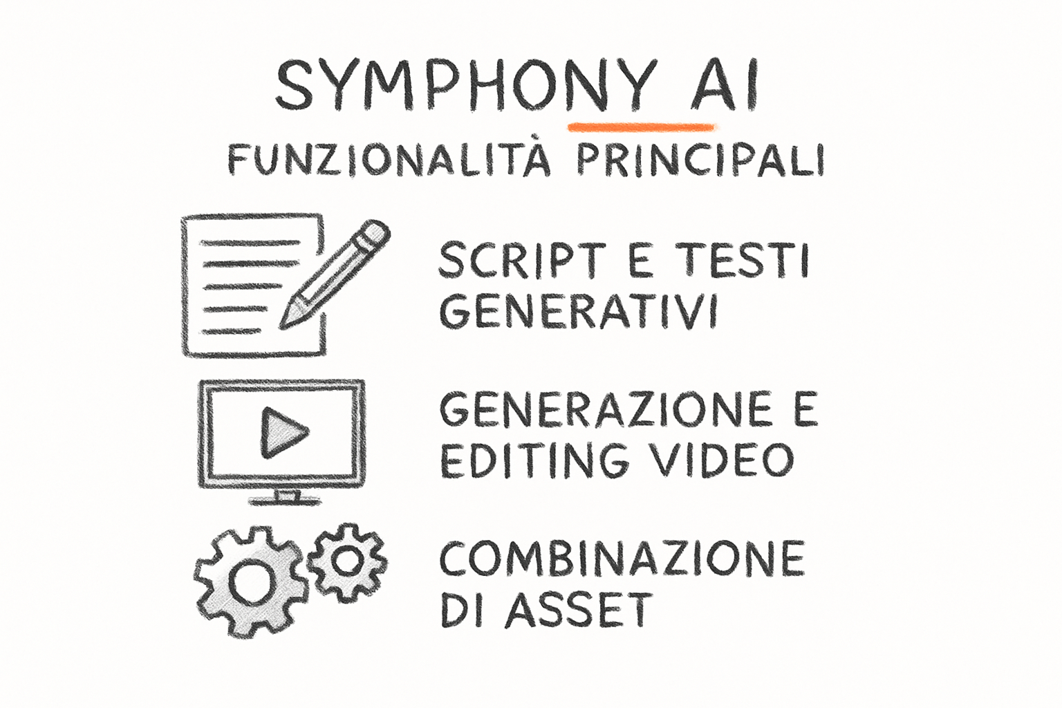 Schema delle funzionalità Symphony AI TikTok per la produzione di creatività video: script, avatar, editing e analisi tendenze.
