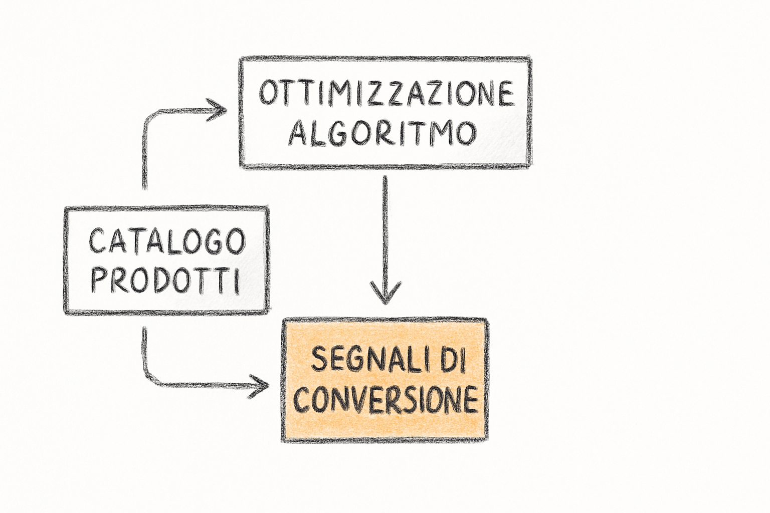 Schema concettuale della logica di ottimizzazione GMV Max nei TikTok Shopping Ads con flusso di dati dal catalogo alle conversioni