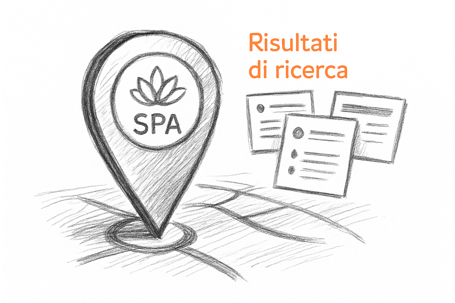 Marketing centri estetici spa: concetto di visibilità locale con mappa, schede Google e segnali di ricerca organica.