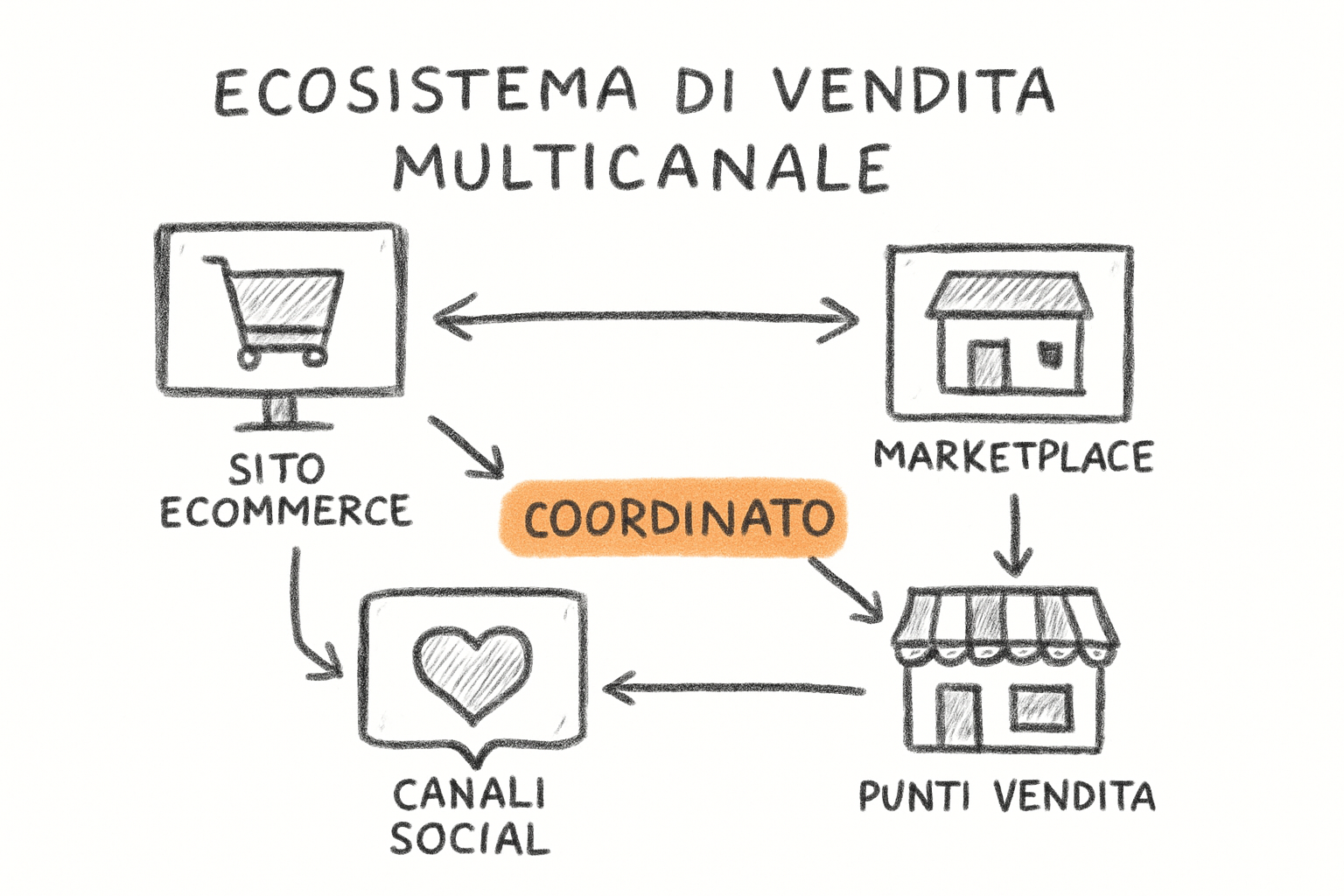 Diagramma dei tre livelli di un ecosistema vendita multicanale: canali, dati e logistica integrati.