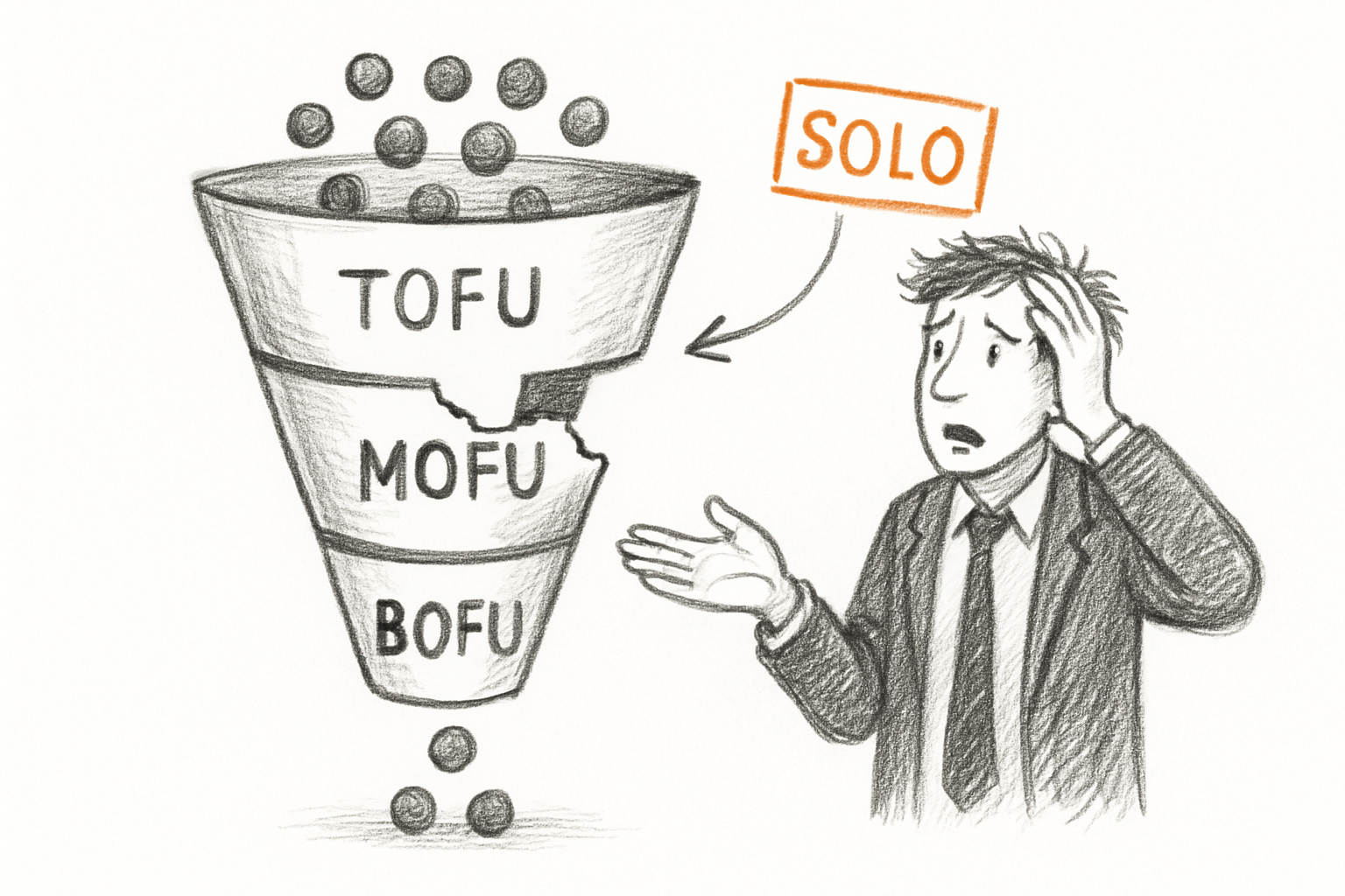 Rappresentazione concettuale di un funnel di marketing con collo di bottiglia nelle fasi TOFU MOFU BOFU.