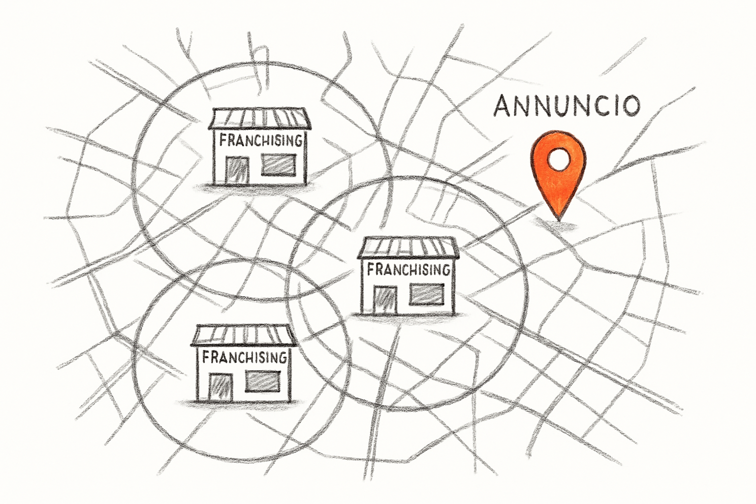 Mappa con raggio di geo-targeting attorno ai punti vendita franchising per campagne locali di lead generation su Google e Meta.