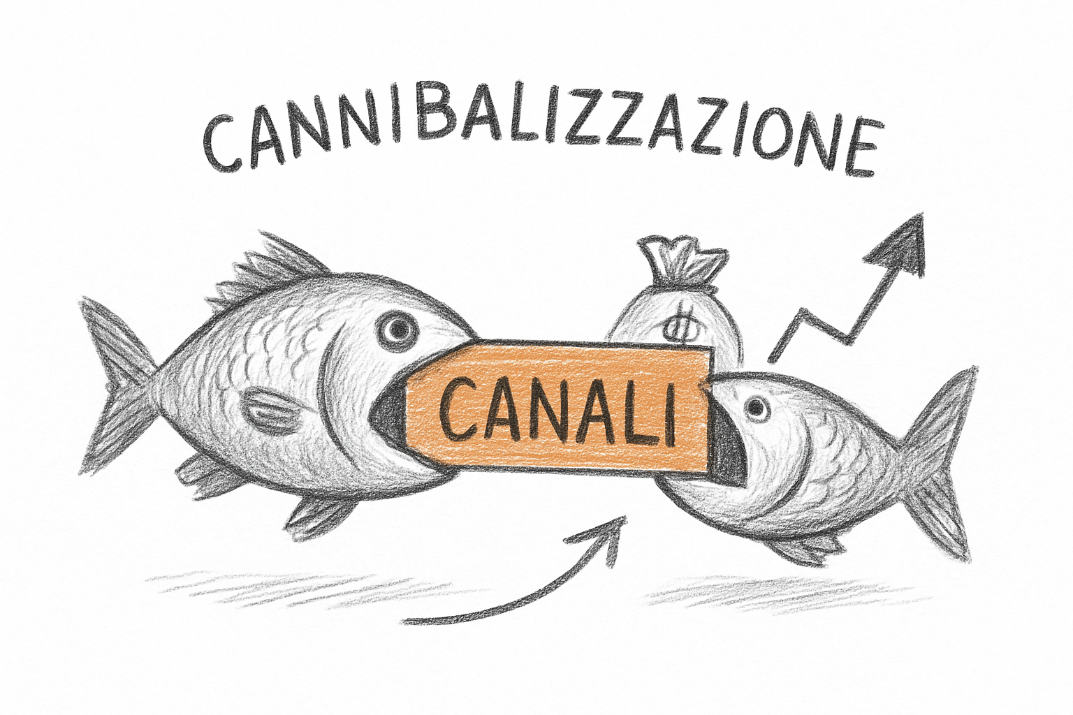 Concept visivo dei rischi di cannibalizzazione tra canali in un ecosistema vendita multicanale non strutturato.