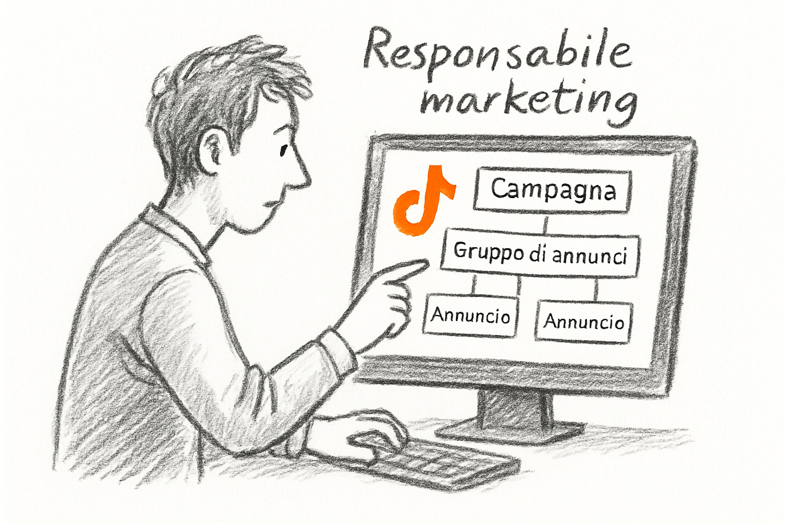 Marketing manager che imposta la struttura di una campagna TikTok Shopping Ads GMV Max con catalogo prodotti e budget