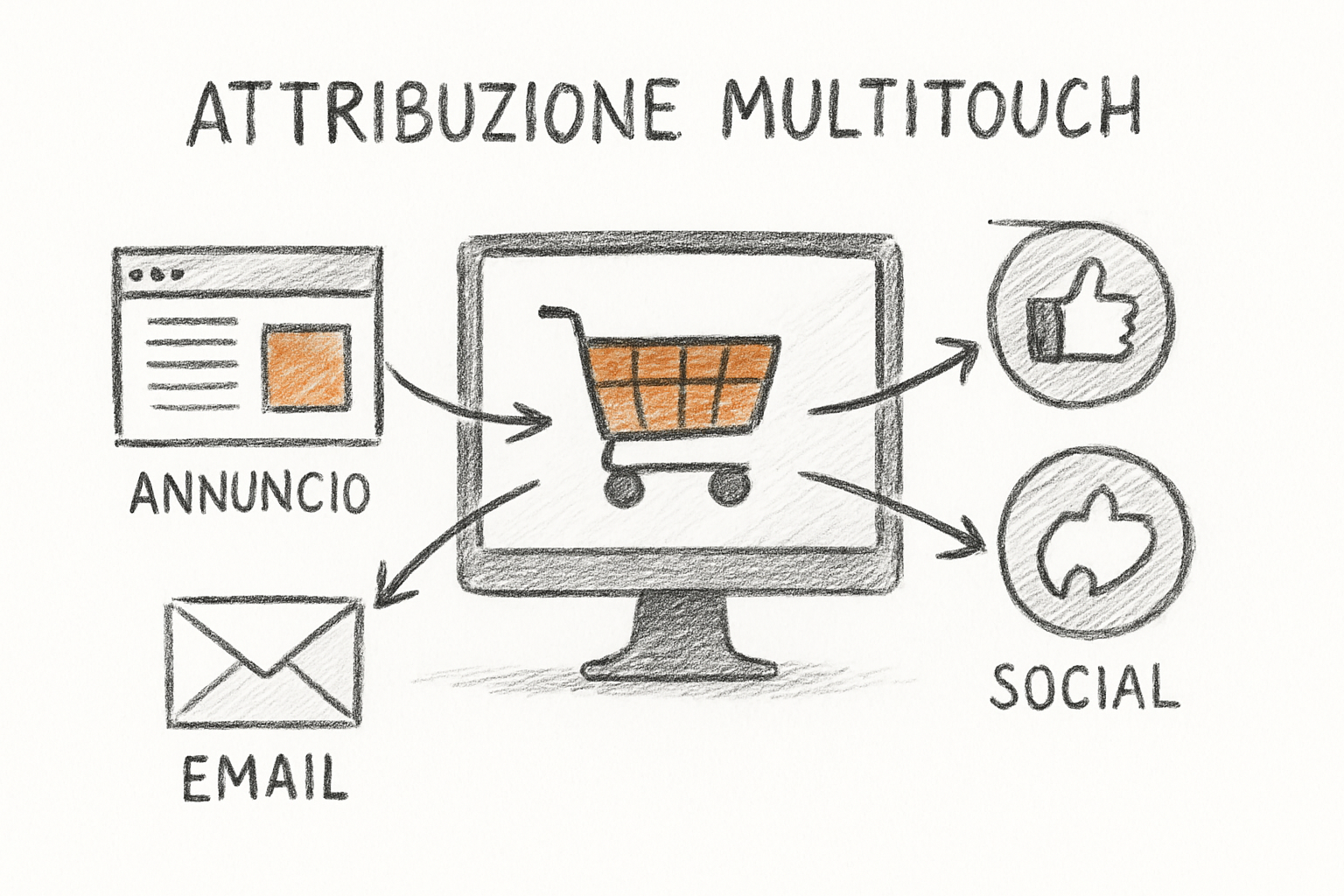Concetto di attribuzione multi-touch nel marketing per ecommerce arredamento con ciclo d'acquisto lungo e più touchpoint.