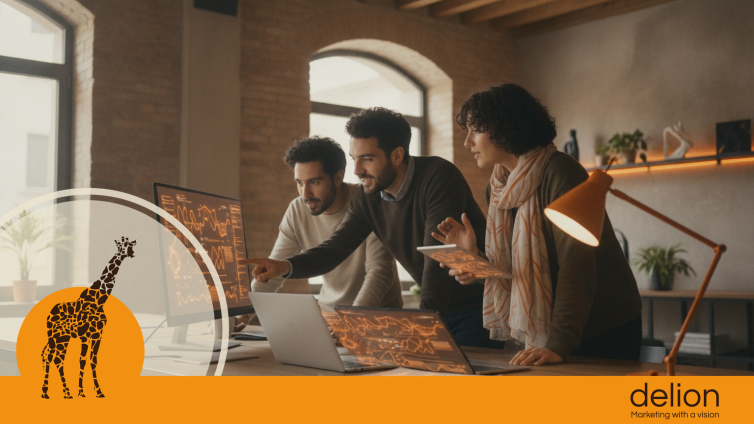 Imprenditore PMI che analizza la visibilità della sua azienda nei motori generativi AI, concetto di generative engine optimization.