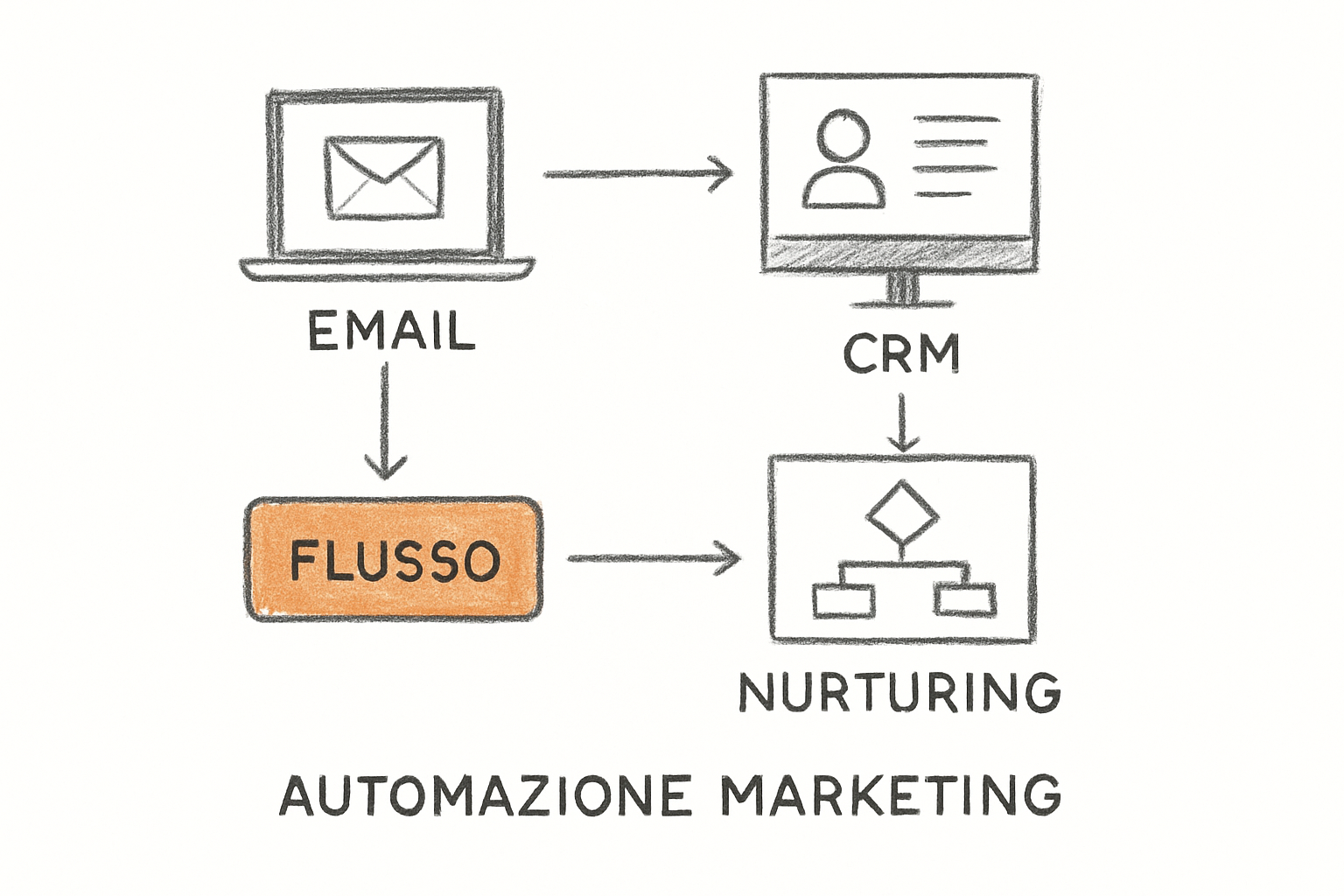 Schema delle componenti della white label marketing automation: email, CRM, lead nurturing e workflow collegati tra loro.