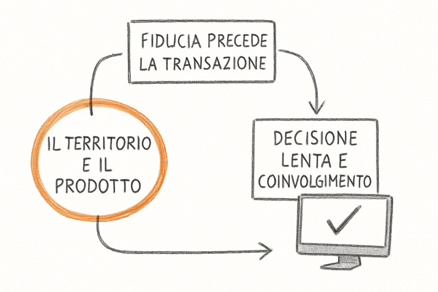 Schema concettuale del processo decisionale nel marketing agenzie immobiliari, con ciclo lungo e fiducia come elemento centrale.
