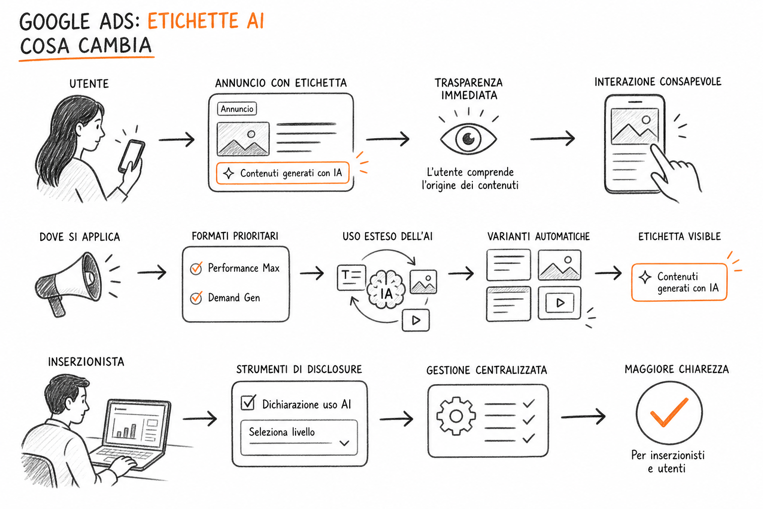 Schema delle etichette trasparenza AI Google Ads che segnalano annunci generati da intelligenza artificiale agli utenti