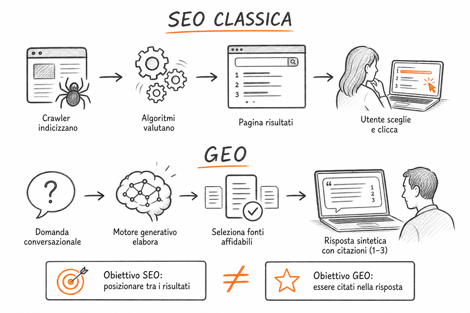 Schema concettuale che illustra la differenza tra SEO classica e generative engine optimization per le PMI.
