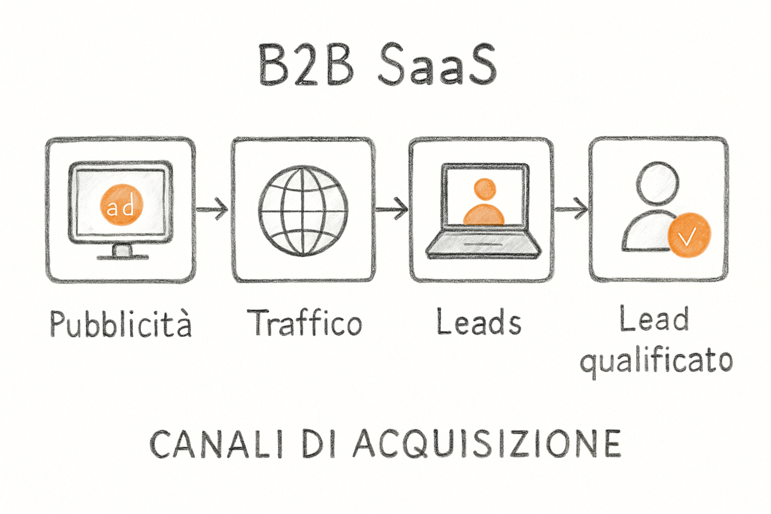 Schema dei canali di acquisizione nel marketing b2b saas con flusso di qualificazione dei lead e decisori multipli