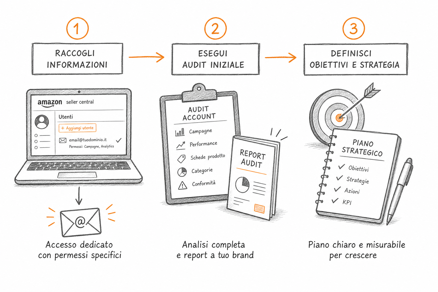 Processo operativo per avviare la gestione white label Amazon per un cliente ecommerce, passi sequenziali