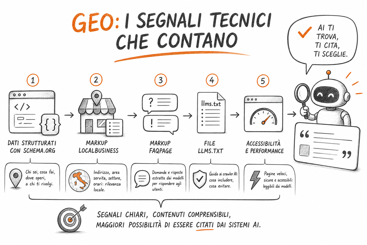 Rappresentazione dei segnali tecnici come schema markup e llms.txt nel contesto della generative engine optimization.