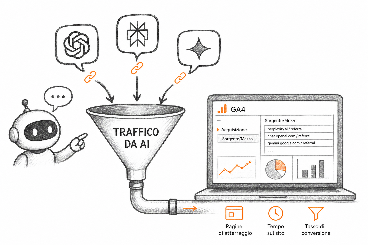 Dashboard GA4 con sorgenti referral AI evidenziate per tracciare la visibilità ai brand nel traffico digitale.