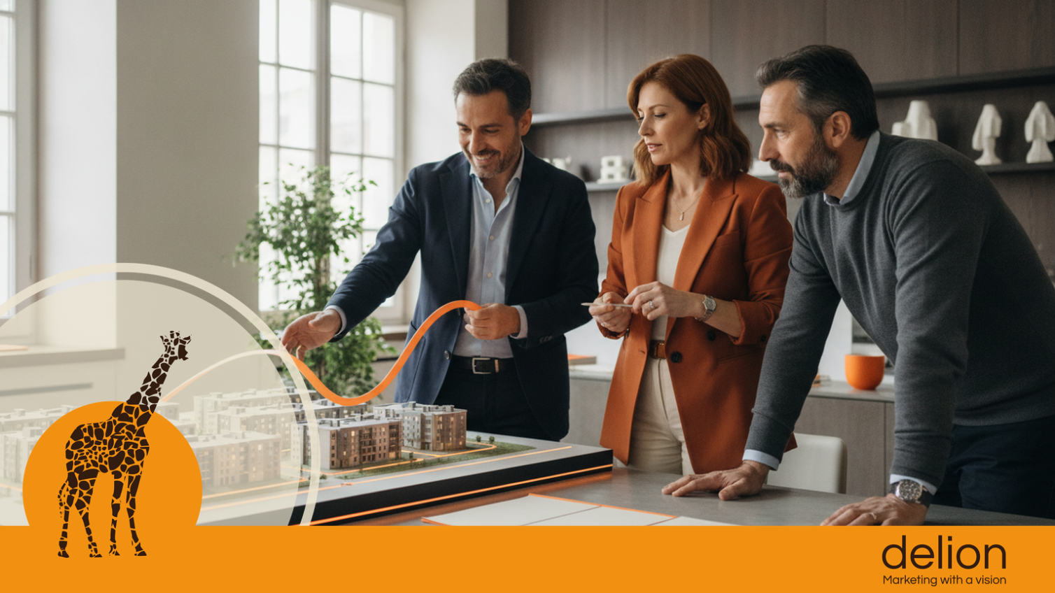 Agente immobiliare che analizza una strategia di marketing agenzie immobiliari su mappa locale e dashboard digitale.
