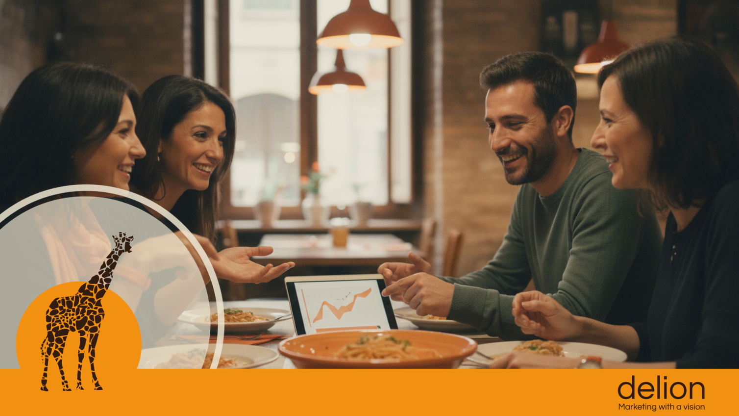 Strategia di marketing per ristoranti e food brand italiani tra locale, delivery e social media, concetto visivo consulenziale.