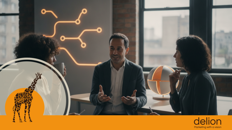 Consulente che coordina un servizio di white label marketing automation con workflow e CRM brandizzati per i propri clienti.