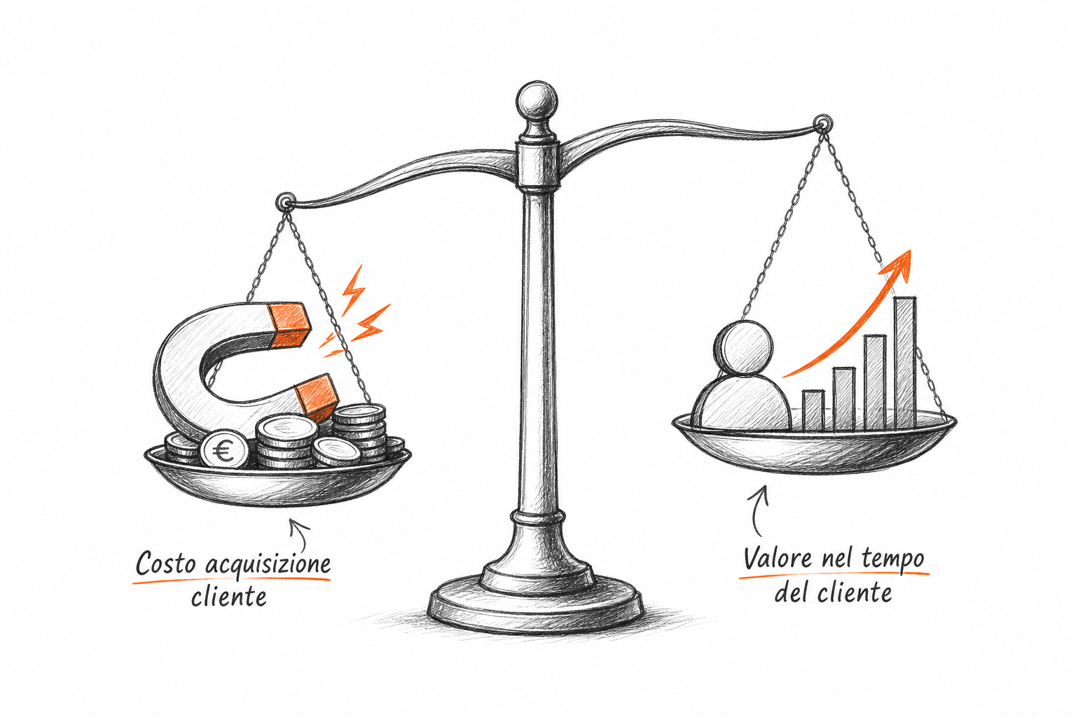 Bilancia che rappresenta il rapporto tra lifetime value e costo di acquisizione cliente per decisioni di budget marketing