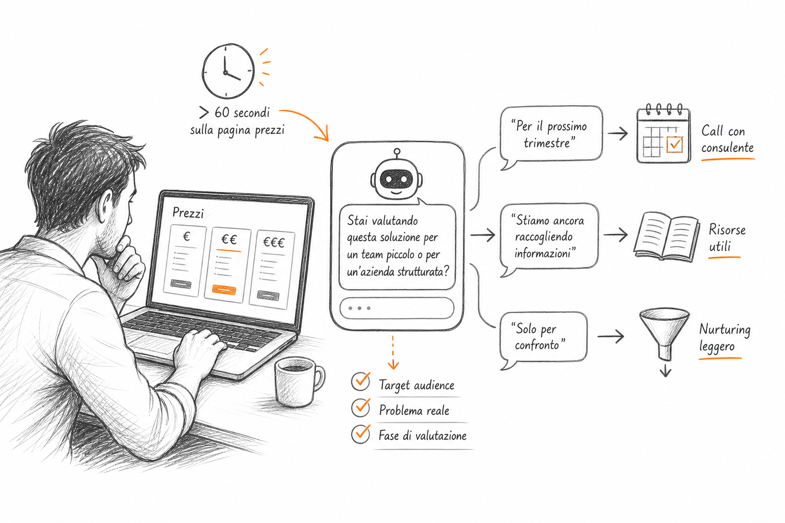 Chatbot AI che qualifica un visitatore con domande contestuali sulla pagina, concetto di lead generation intelligente.
