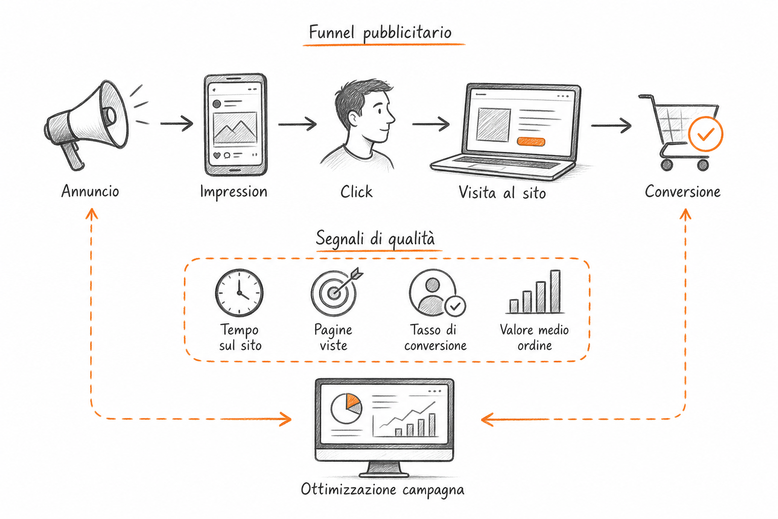 Flusso di ottimizzazione campagne pubblicitarie con segnali di qualità AI per attrarre lead qualificati.