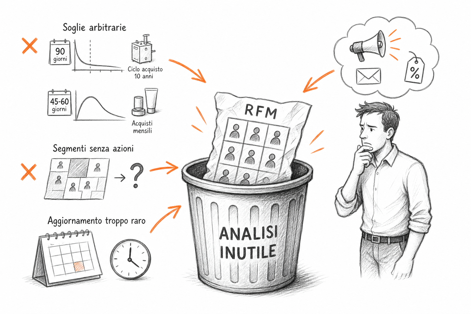 Processo di profilazione RFM interrotto tra analisi e azione di marketing per illustrare gli errori più comuni