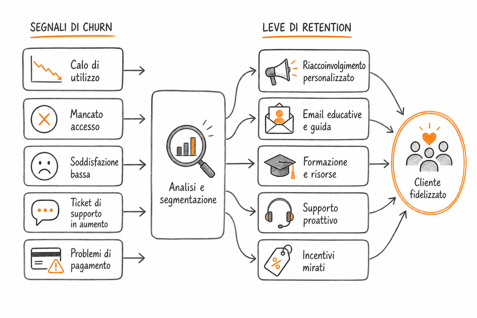 Diagramma delle leve operative per ridurre il churn rate in base alla diagnosi per segmenti e momenti critici.