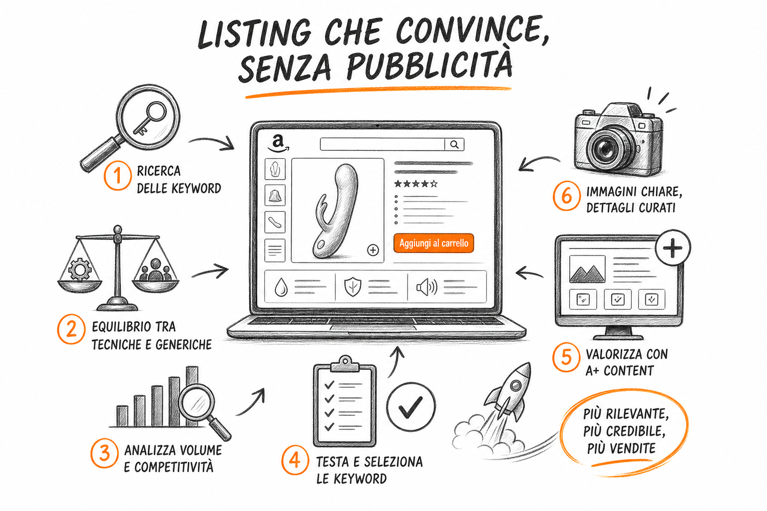 Processo di ottimizzazione listing Amazon per prodotti adulti, con SEO interna e gestione recensioni come leve principali