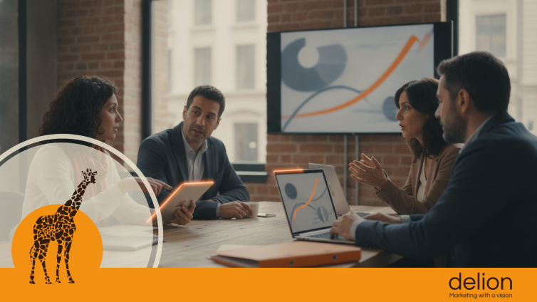 Marketing manager che analizza il posizionamento dei competitor con strumenti AI, schermata di analisi semantica e dati di mercato