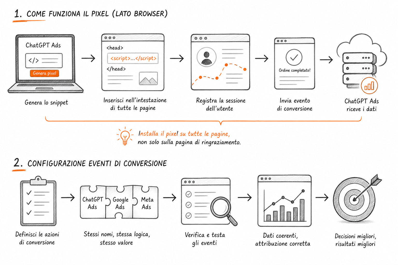 Flusso del pixel di tracciamento ChatGPT Ads dal browser dell'utente alla piattaforma pubblicitaria di OpenAI.