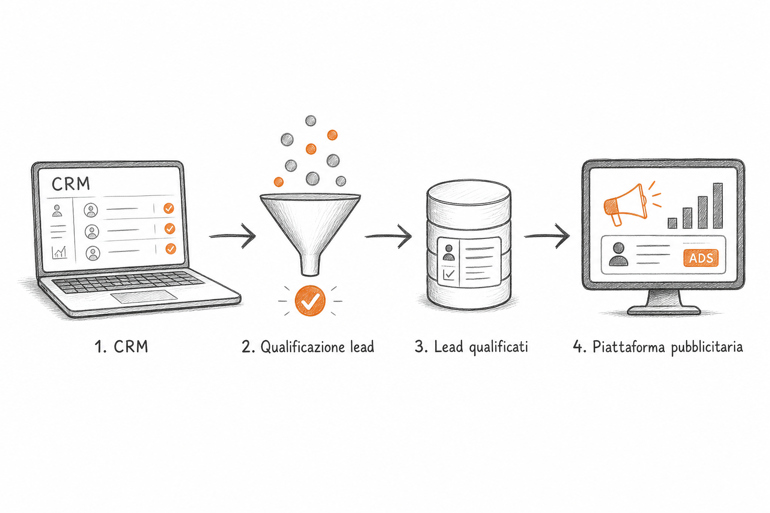 Schema concettuale del funzionamento di conversion leads Meta con dati CRM che alimentano l'algoritmo di ottimizzazione.
