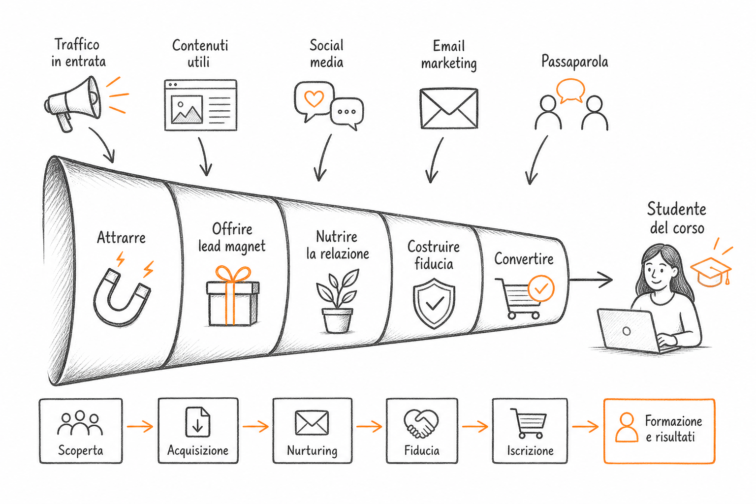 Schema del funnel marketing per corsi online con fasi di lead magnet, nurturing e conversione
