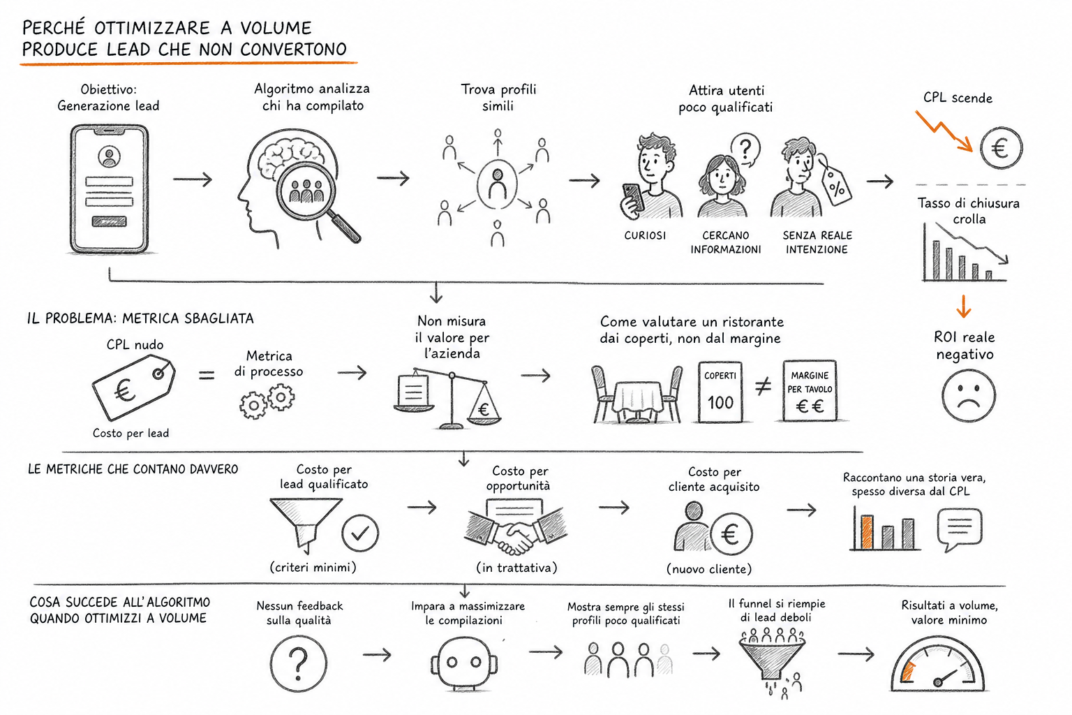 Schema concettuale ottimizzazione a valore Meta Ads: funnel con molti lead a volume e pochi clienti acquisiti.