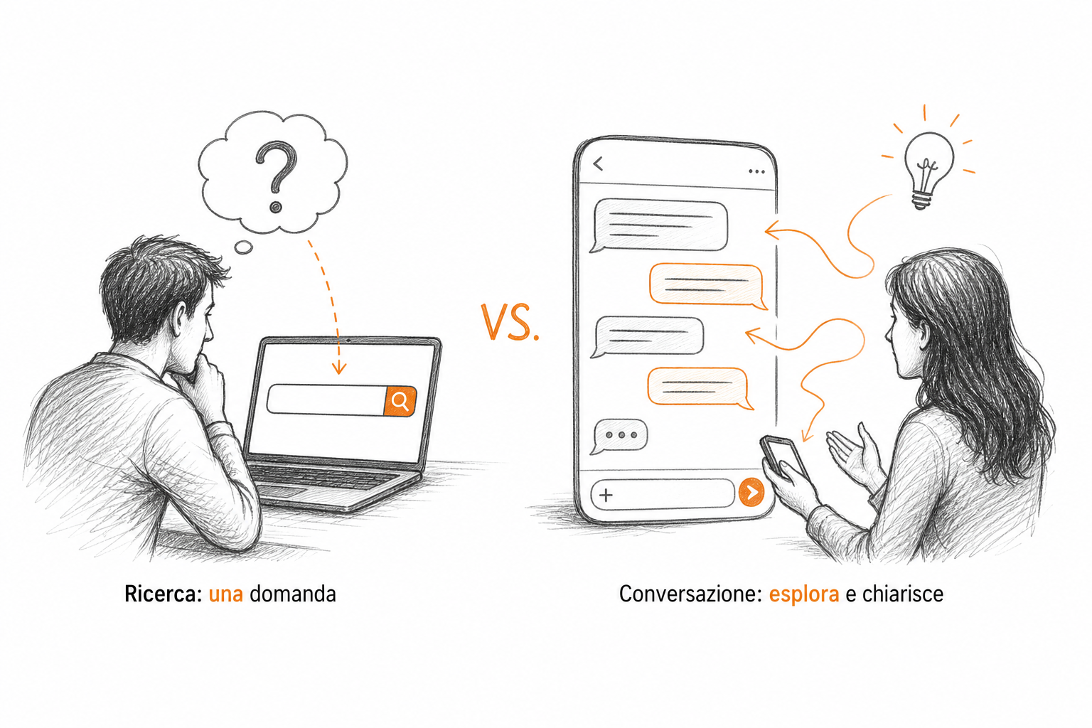 Confronto concettuale tra ChatGPT Ads e Google Ads: query di ricerca dichiarata versus conversazione esplorativa come intento pubblicitario.