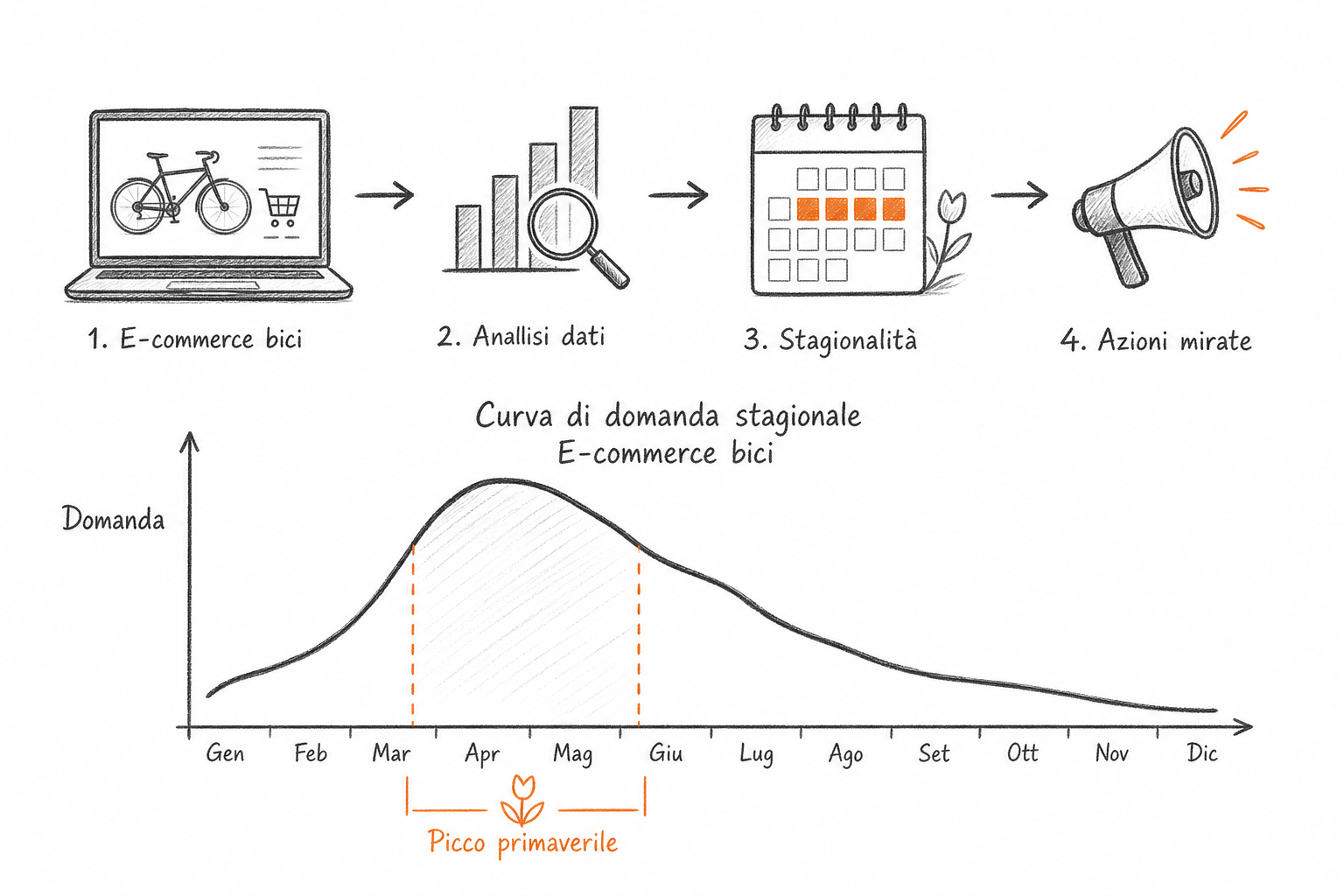 Stagionalità del marketing ecommerce biciclette in Italia: schema concettuale con picco di domanda primaverile e canali digitali.